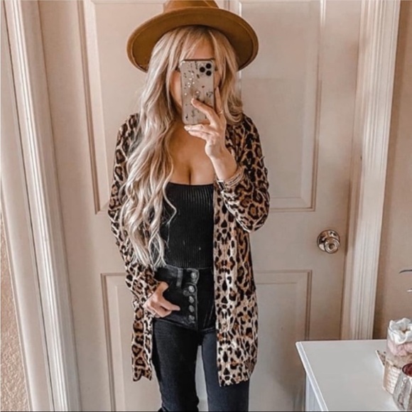 Leopard Print Cardigan with Black Top kimono